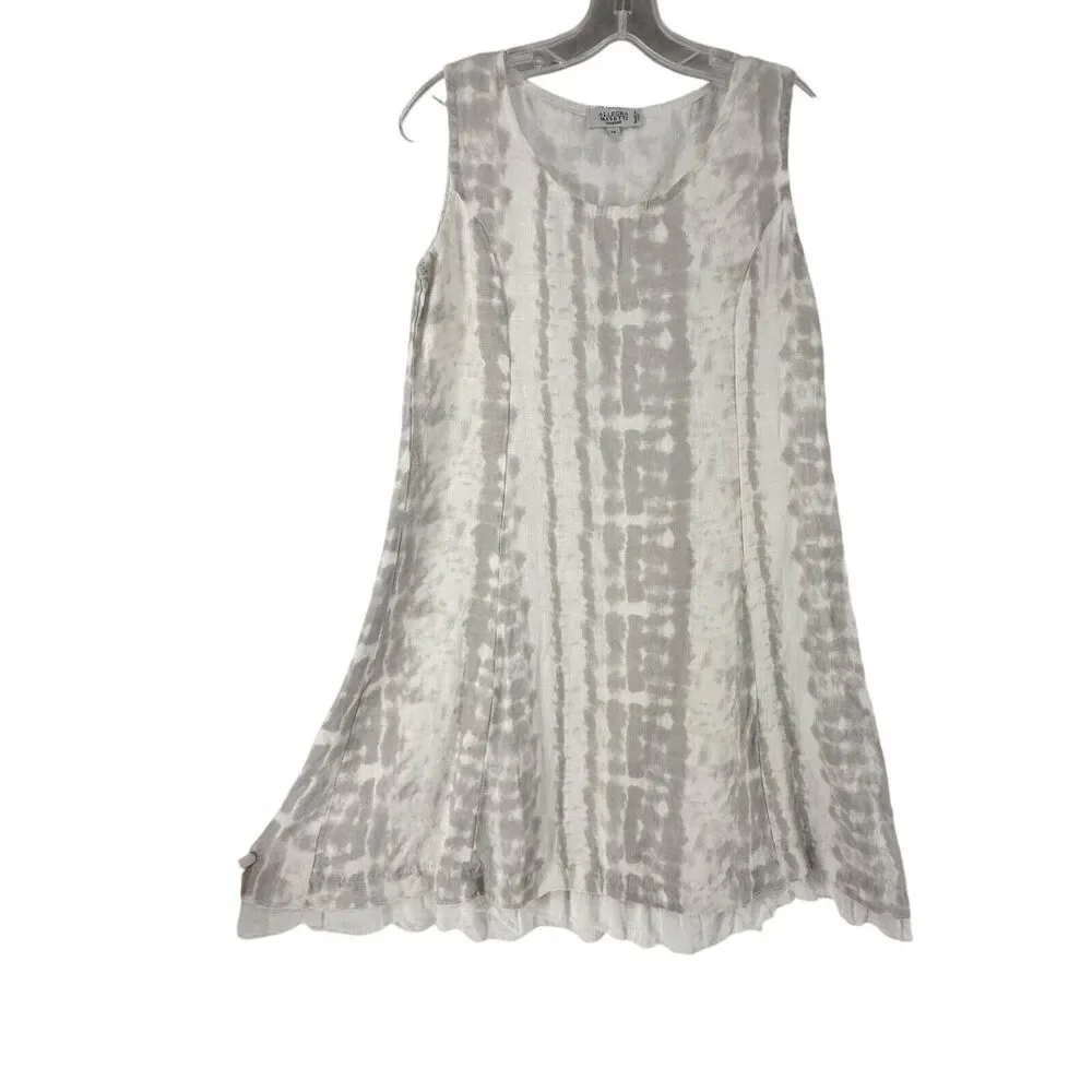 Italian Linen Dress Allegra Masetti Size M Sleevless Ruffle Gray White Beach - Picture 2 of 8